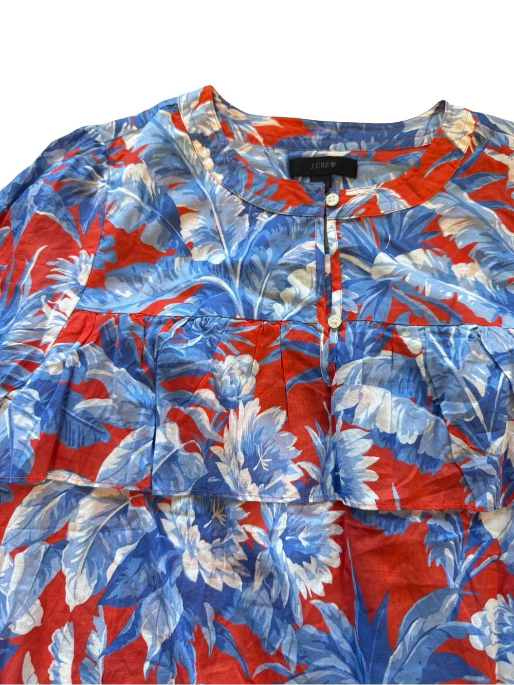 J.Crew Tropical Floral Ruffle Blouse XS 100% Cotton Red Blue Lightweight Boho